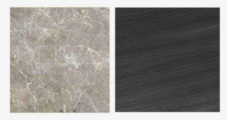 Plateau marbre grey emperador  + piétement frêne teinté noir