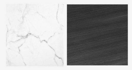 Plateau marbre blanc + piétement frêne teinté noir
